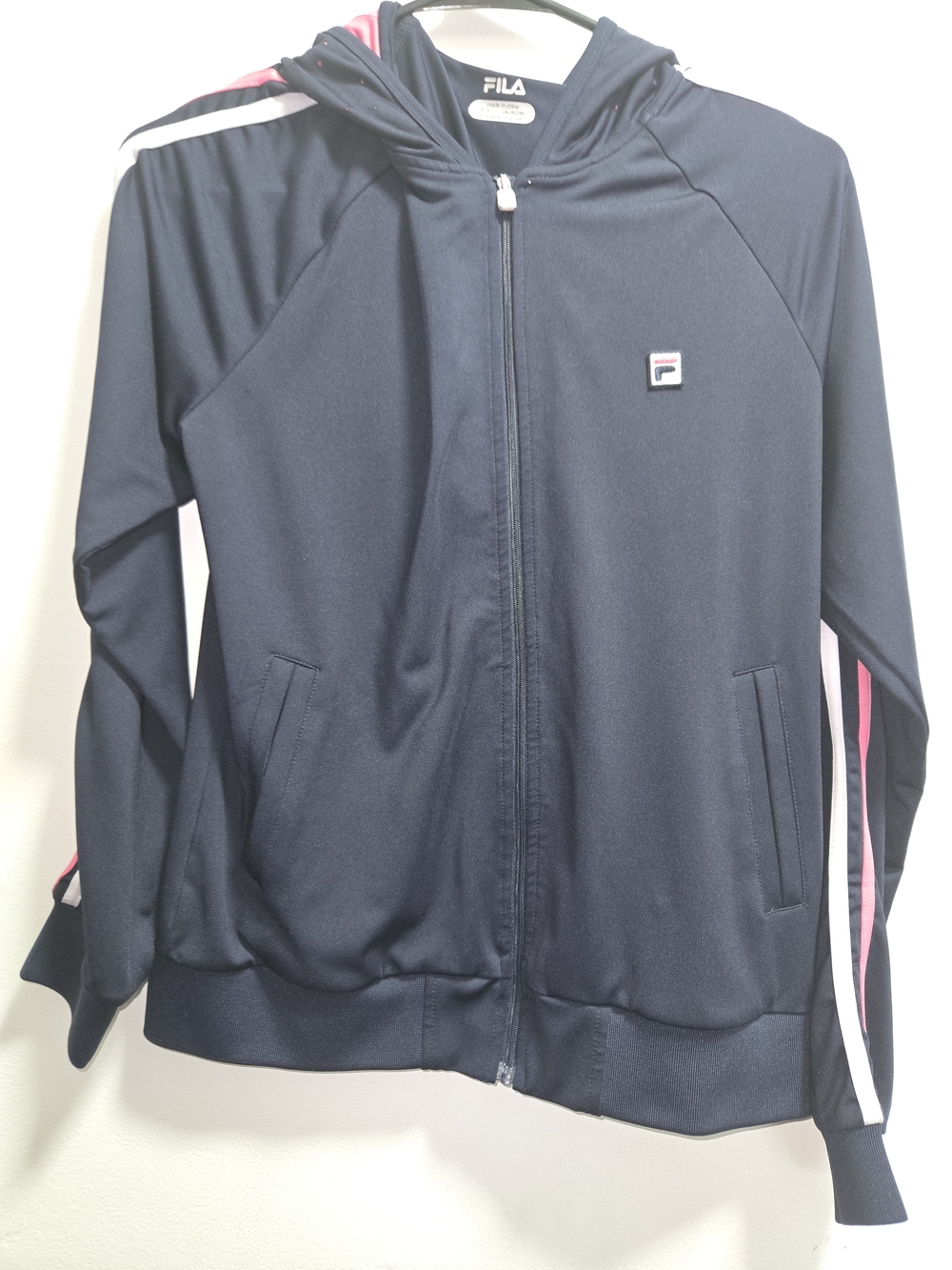 FILA Navy Zip-Up Hoodie with Pink & White Stripes